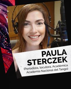 La imagen muestra una foto profesional de la periodista Paula Sterczek, jurado de los premios tango siglo 21
